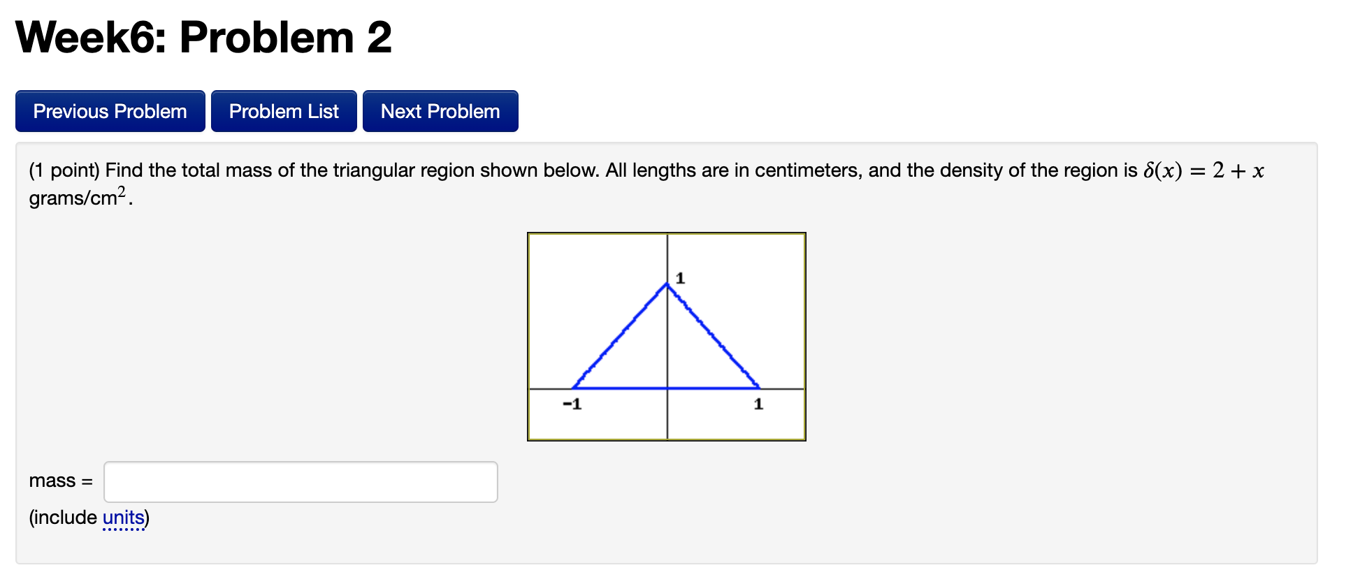 lengths are in centimeters, and the density of the region is 8(x)