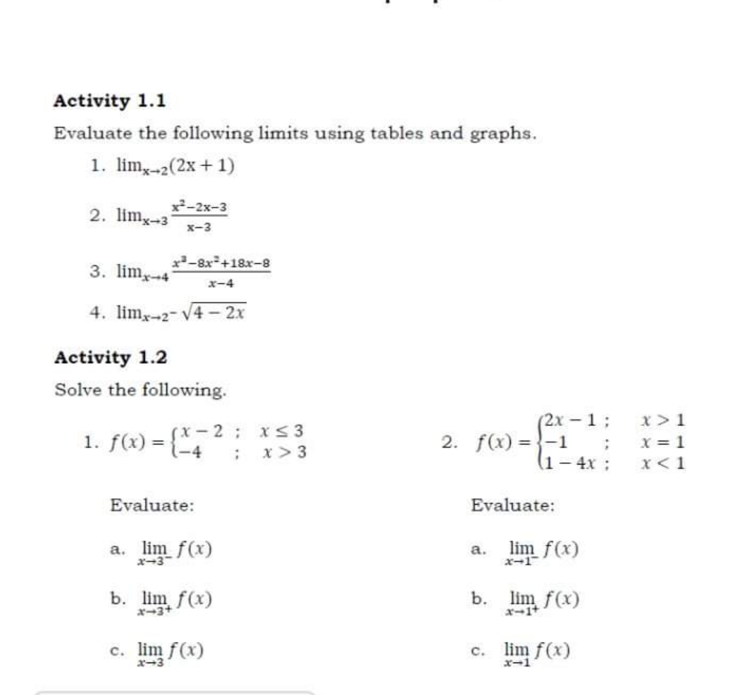 with solution Basic calculus Activity 1.1 Evaluate the following limits using tables