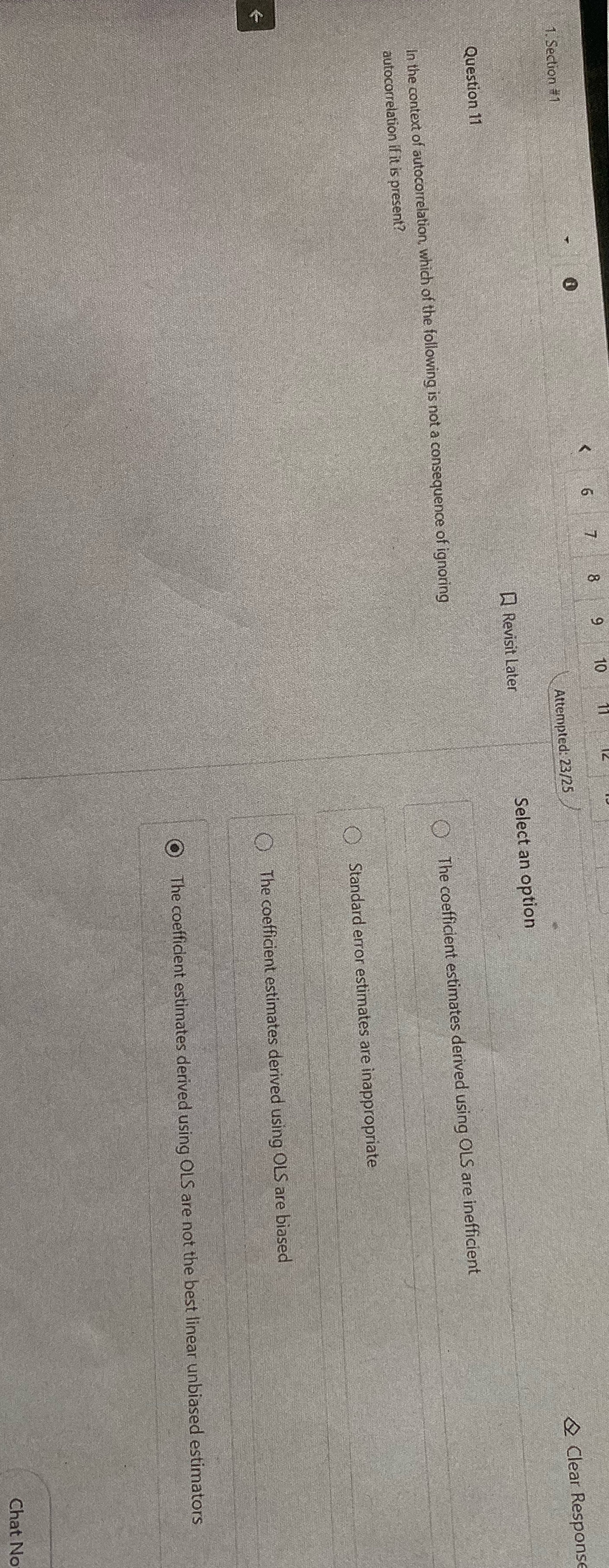Please answer 1. Section #1 Attempted: 23/25 Clear Respons Question 11 Revisit