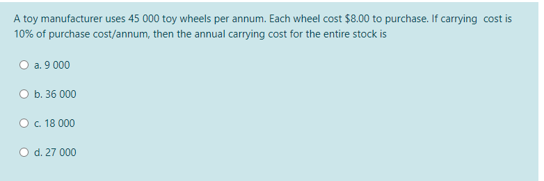 annum. Each wheel cost $8.00 to purchase. If carrying cost is 10%