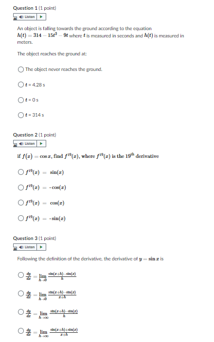 Questim 1 (1 An object is tallirvg to the h(t) = 314