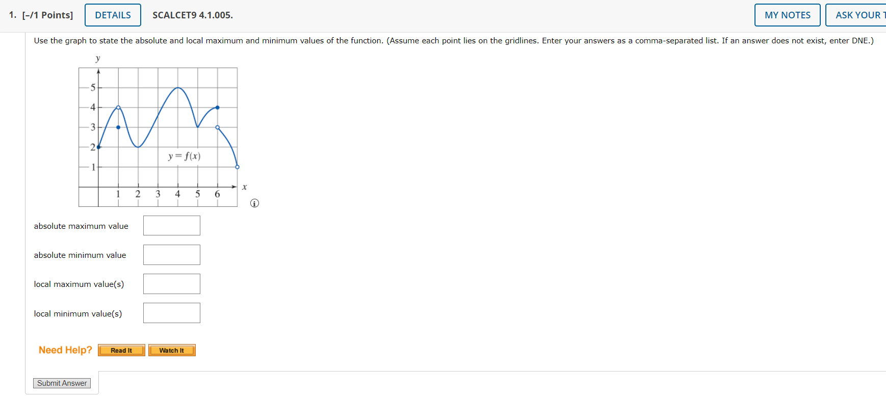 the absolute and local maximum and minimum values of the function. (Assume