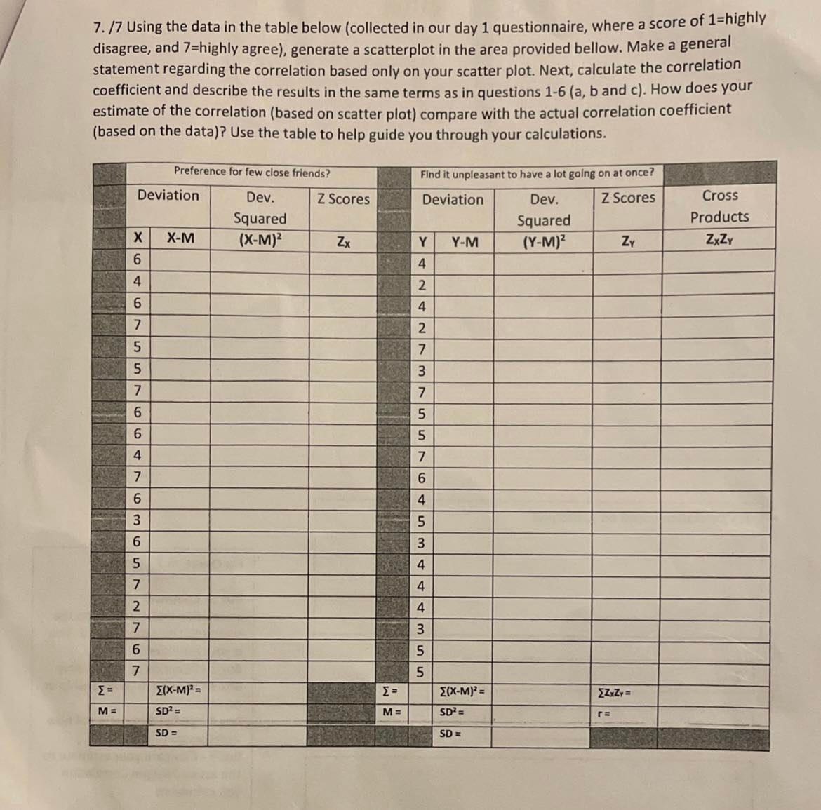  7. /7 Using the data in the table below (collected in