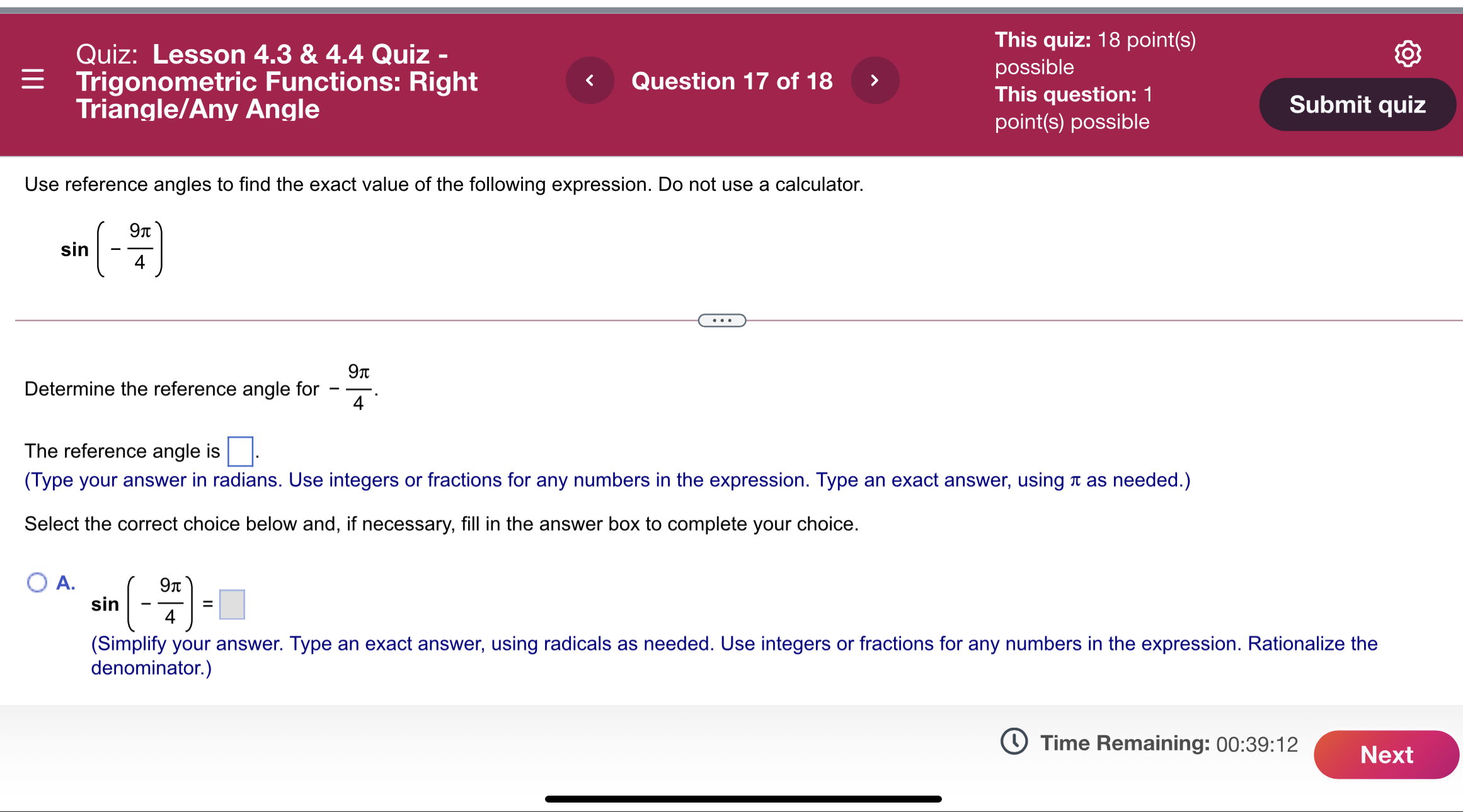 exact value of the following expression. Do not use a calculator. 91: