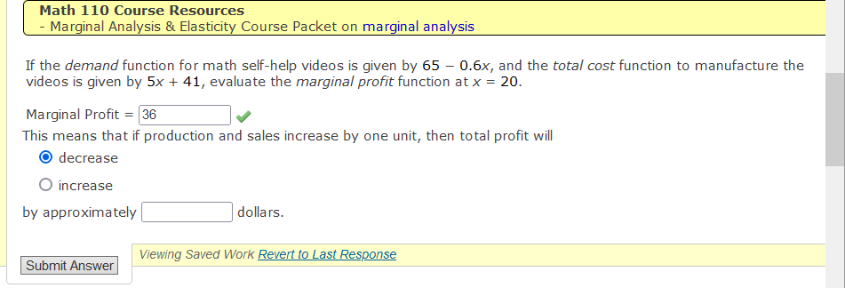 Math 110 Course Resources Marginal Analysis BL Elasticity Course Packet on