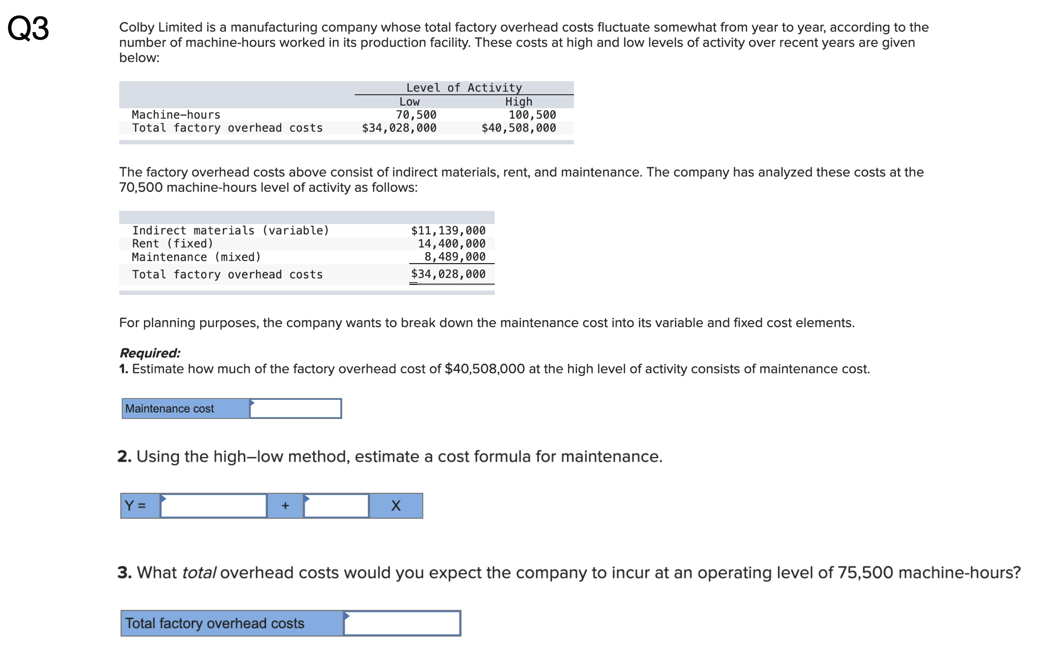 Colby Limited is a manufacturing company whose total factory overhead costs fluctuate