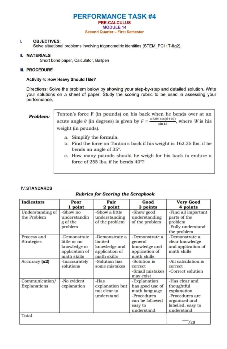  PERFORMANCE TASK #4 PRE-CALCULUS MODULE 14 Second Quarter - First Semester