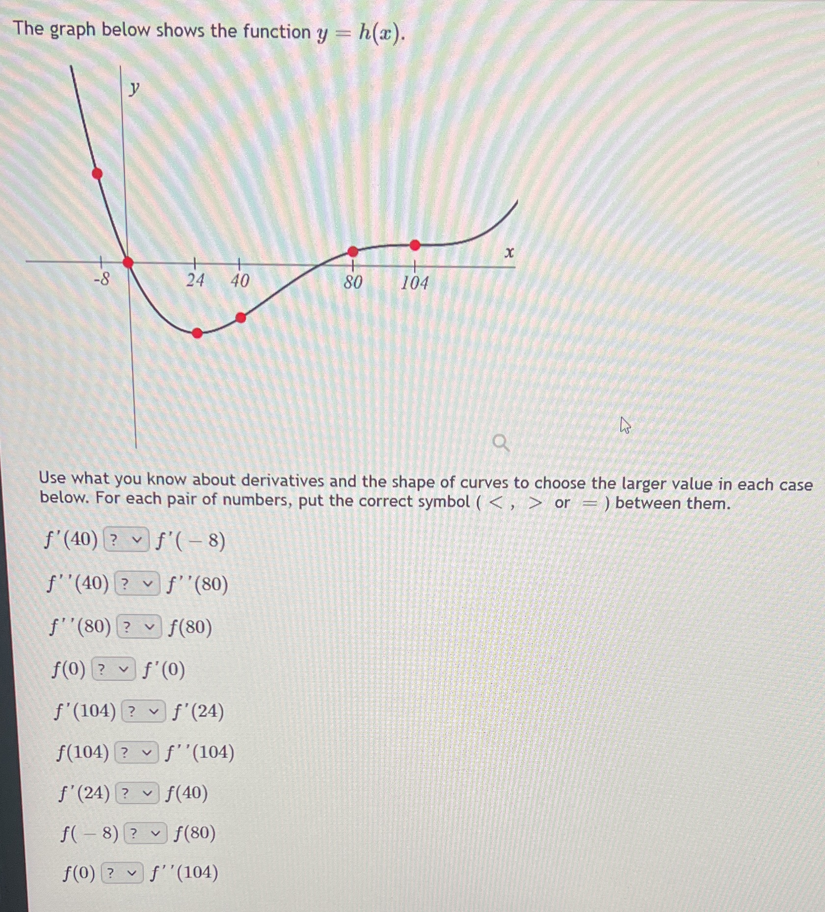 Options are , or = The graph below shows the function y