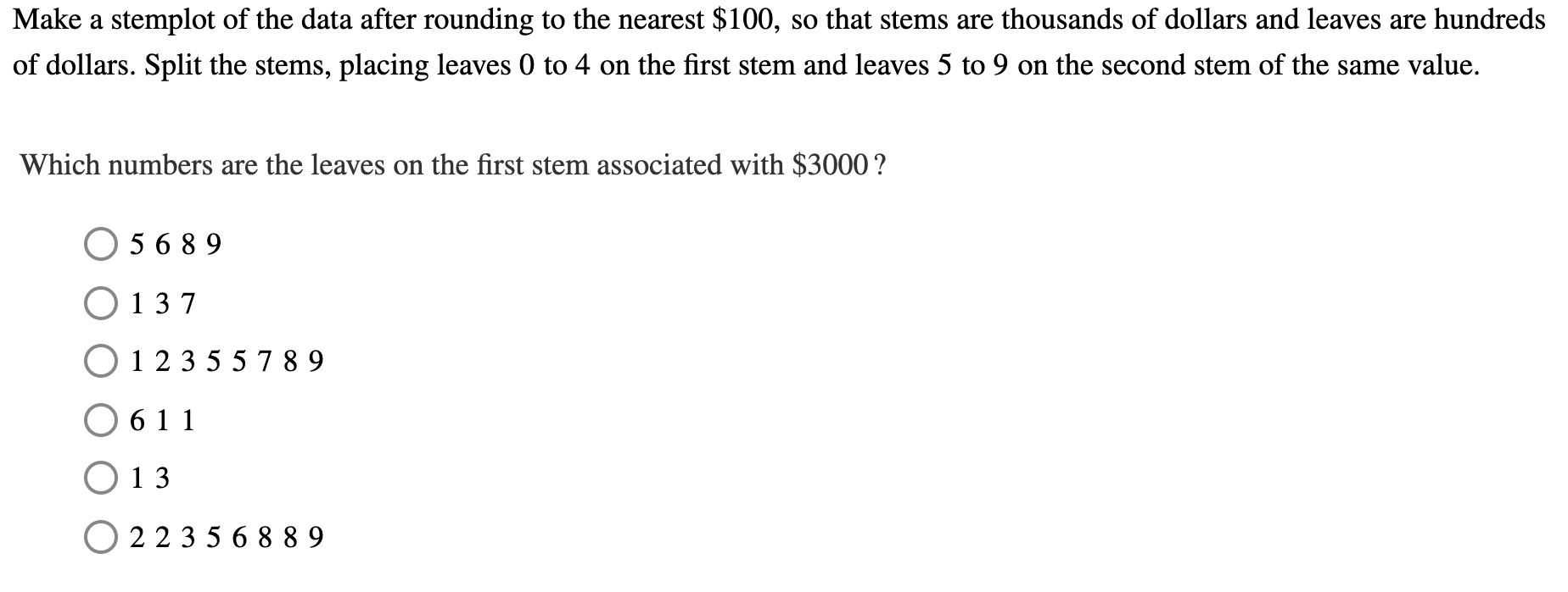 the nearest $100, so that stems are thousands of dollars and leaves