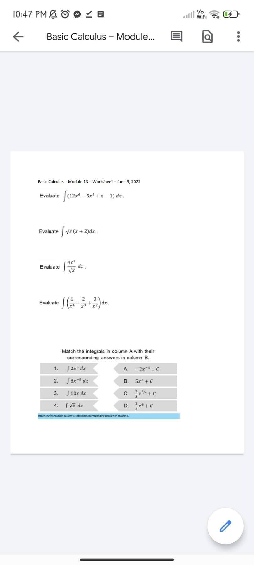 . . Basic Calculus - Module 13 - Worksheet - June 9,