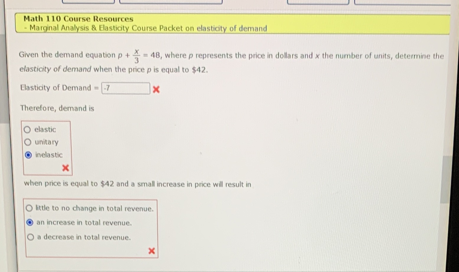 Math 110 Course Resources - Marginal Analysis & Elasticity Course Packet