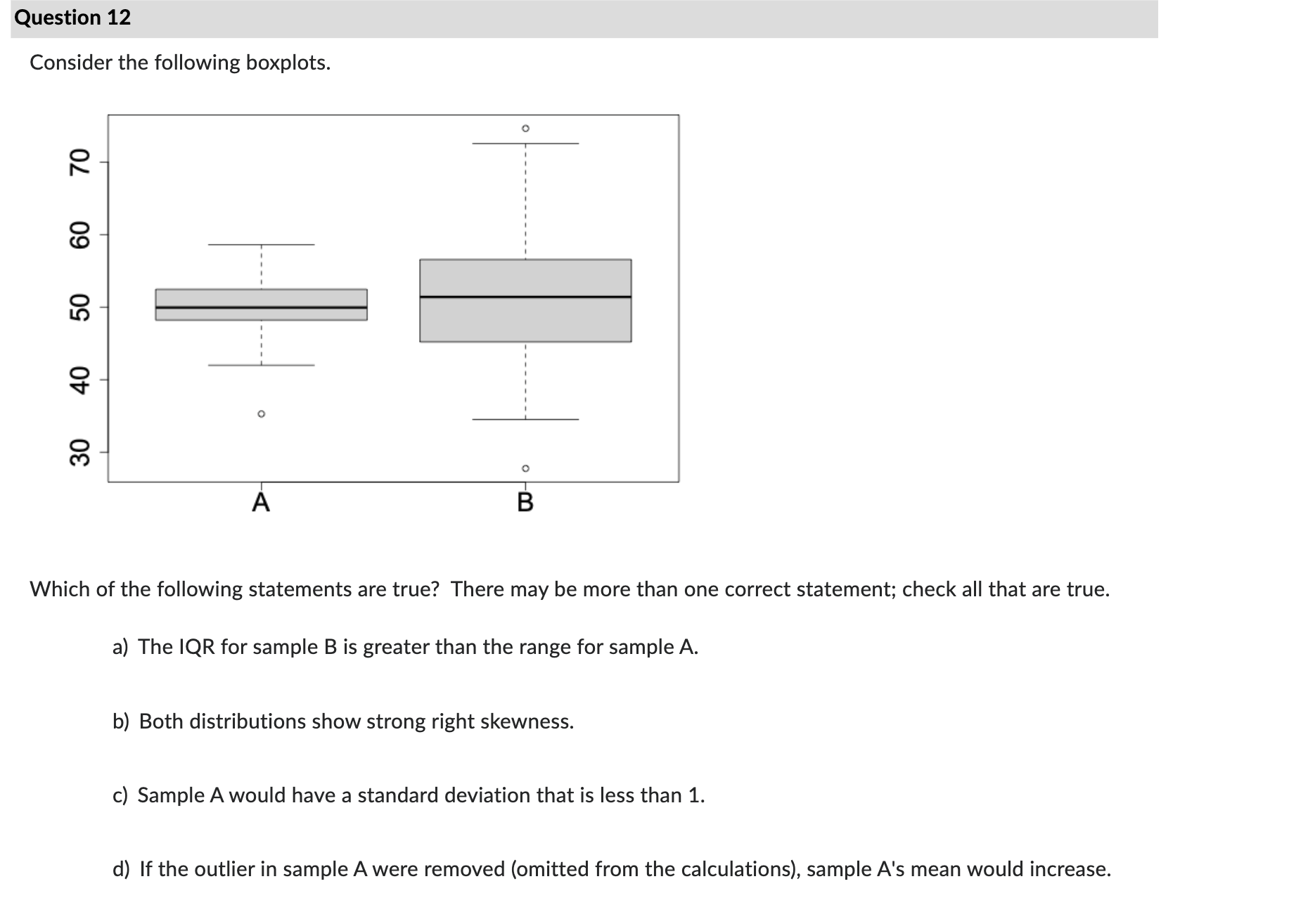 c) The range is less than 5. d) The median is between
