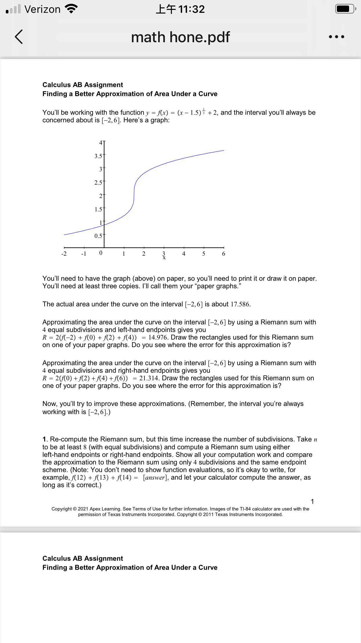 Verizon 11:32 math hone.pdf Calculus AB Assignment Finding a Better Approximation of