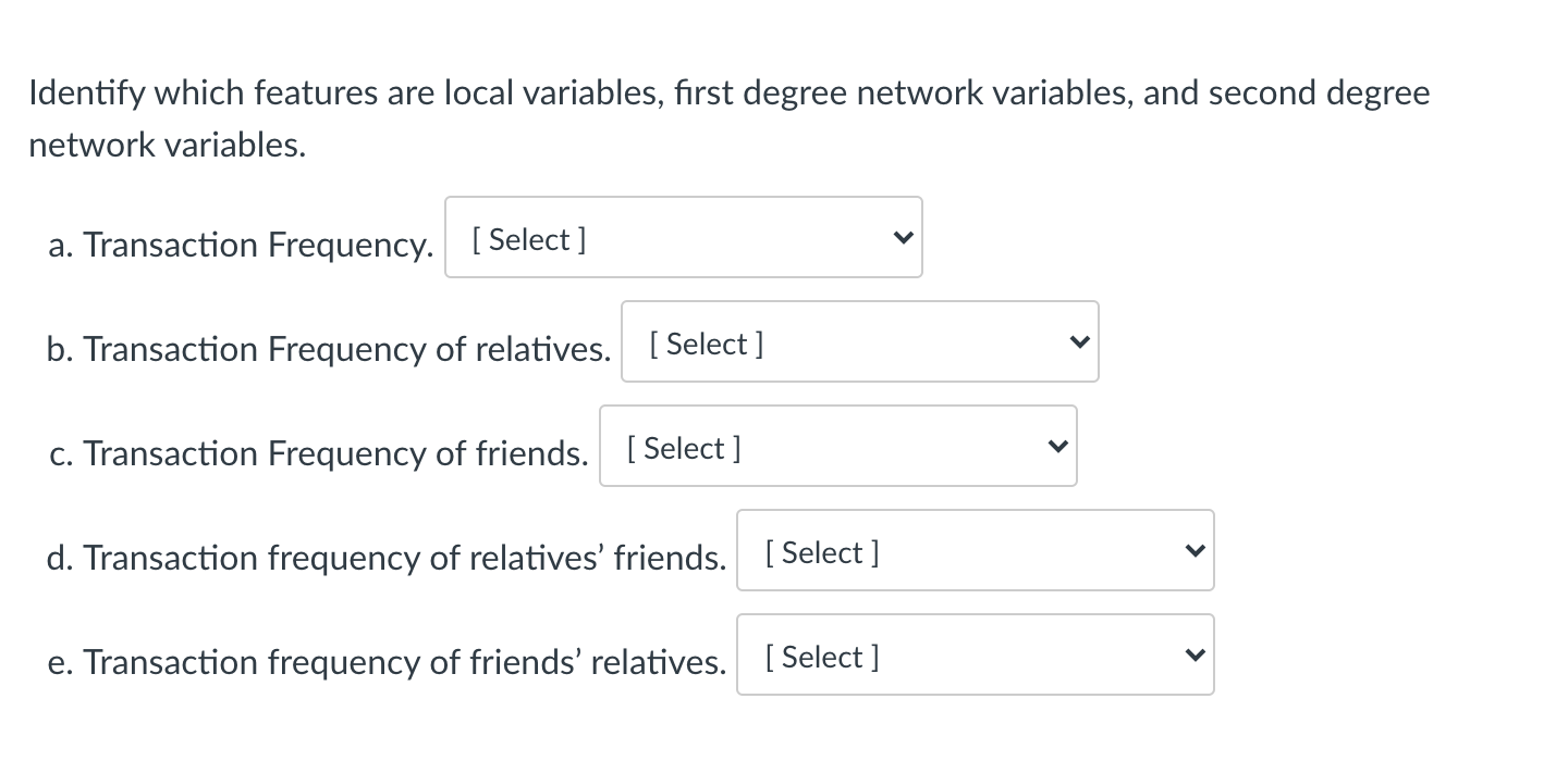  Identify which features are local variables, first degree network variables, and