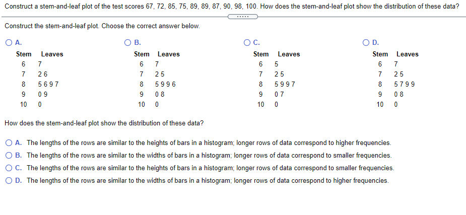  Construct a stem-and-leaf plot of the test scores 67, 72, 85,