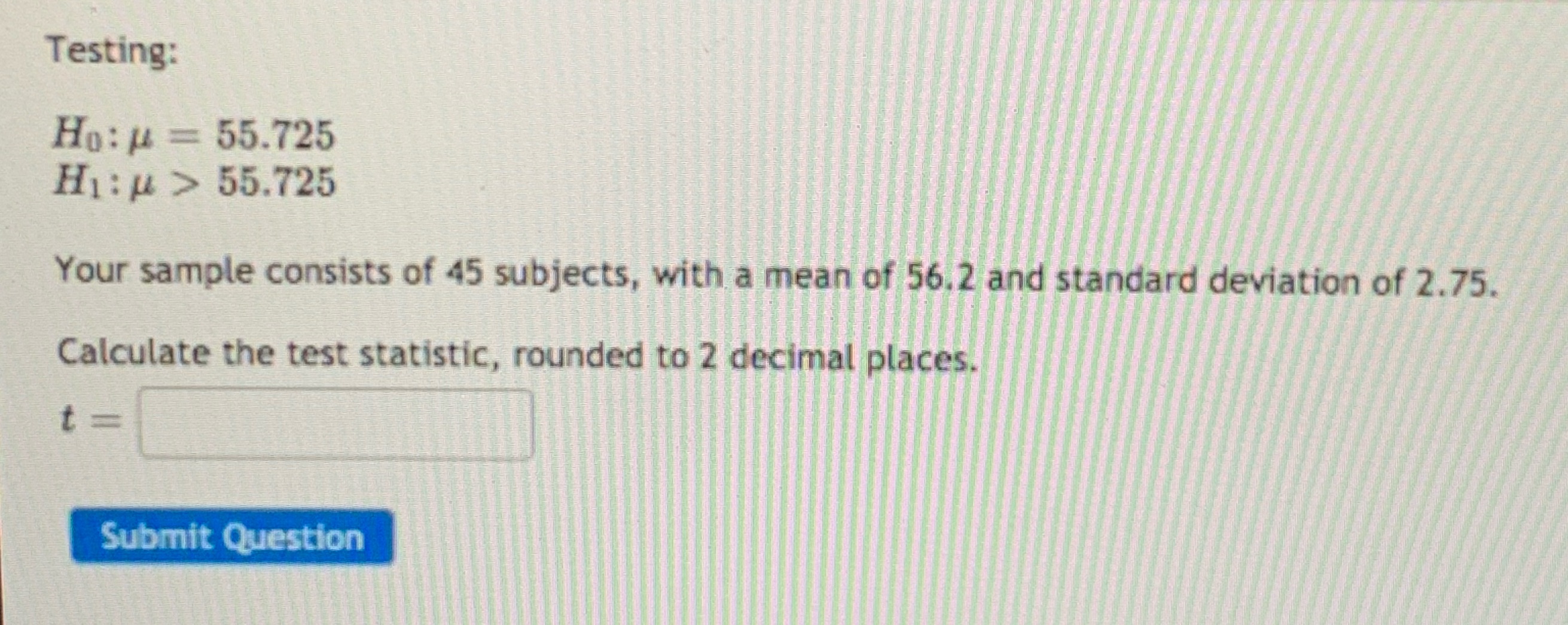 consists of 45 subjects, with a mean of 56.2 and standard deviation