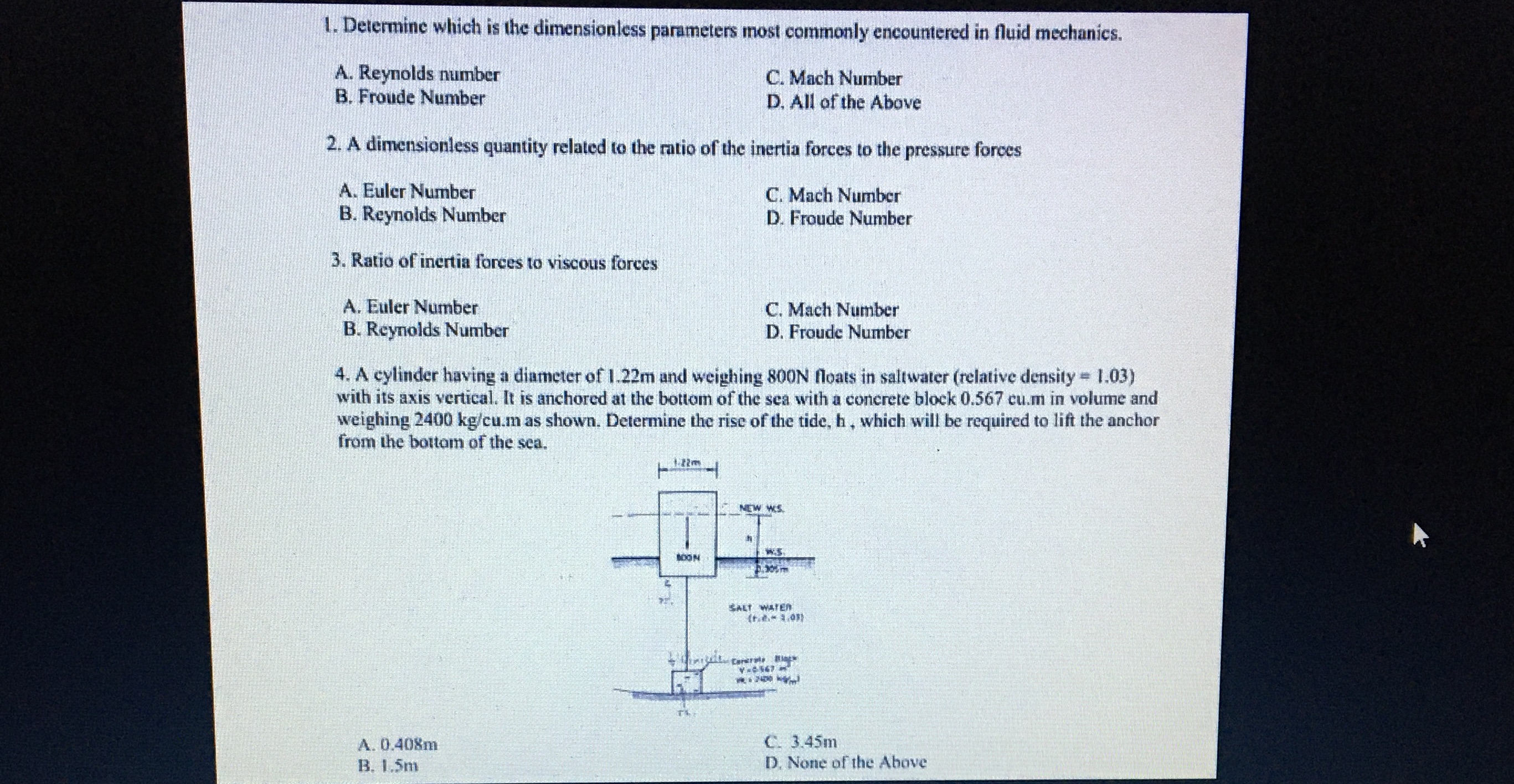 Topic: Fluid Mechanics | Multiple Choice | Instructions: Choose the Correct Answers.