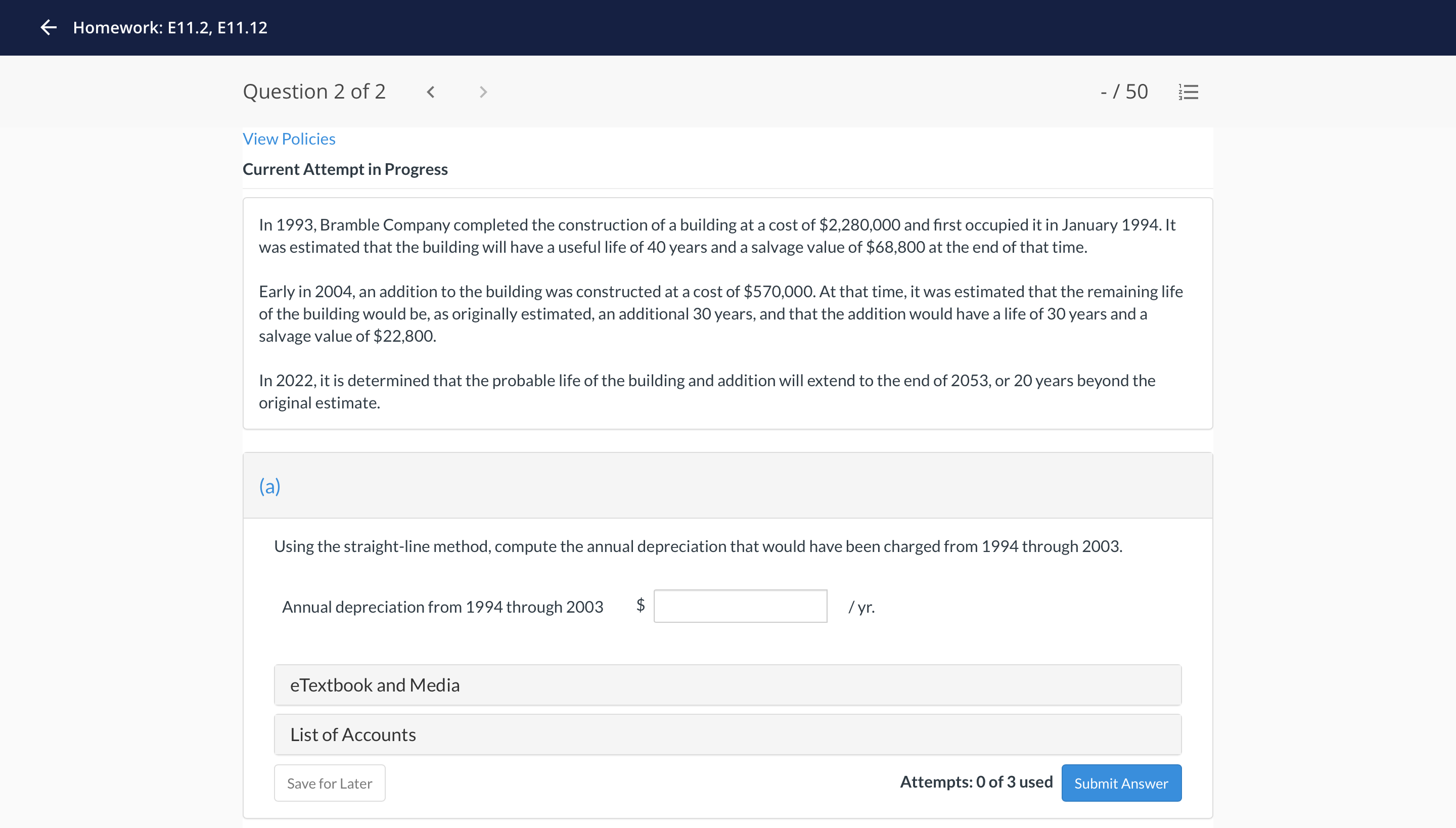 Homework: E112, E11.12 Question 2 of 2 / 50 E View