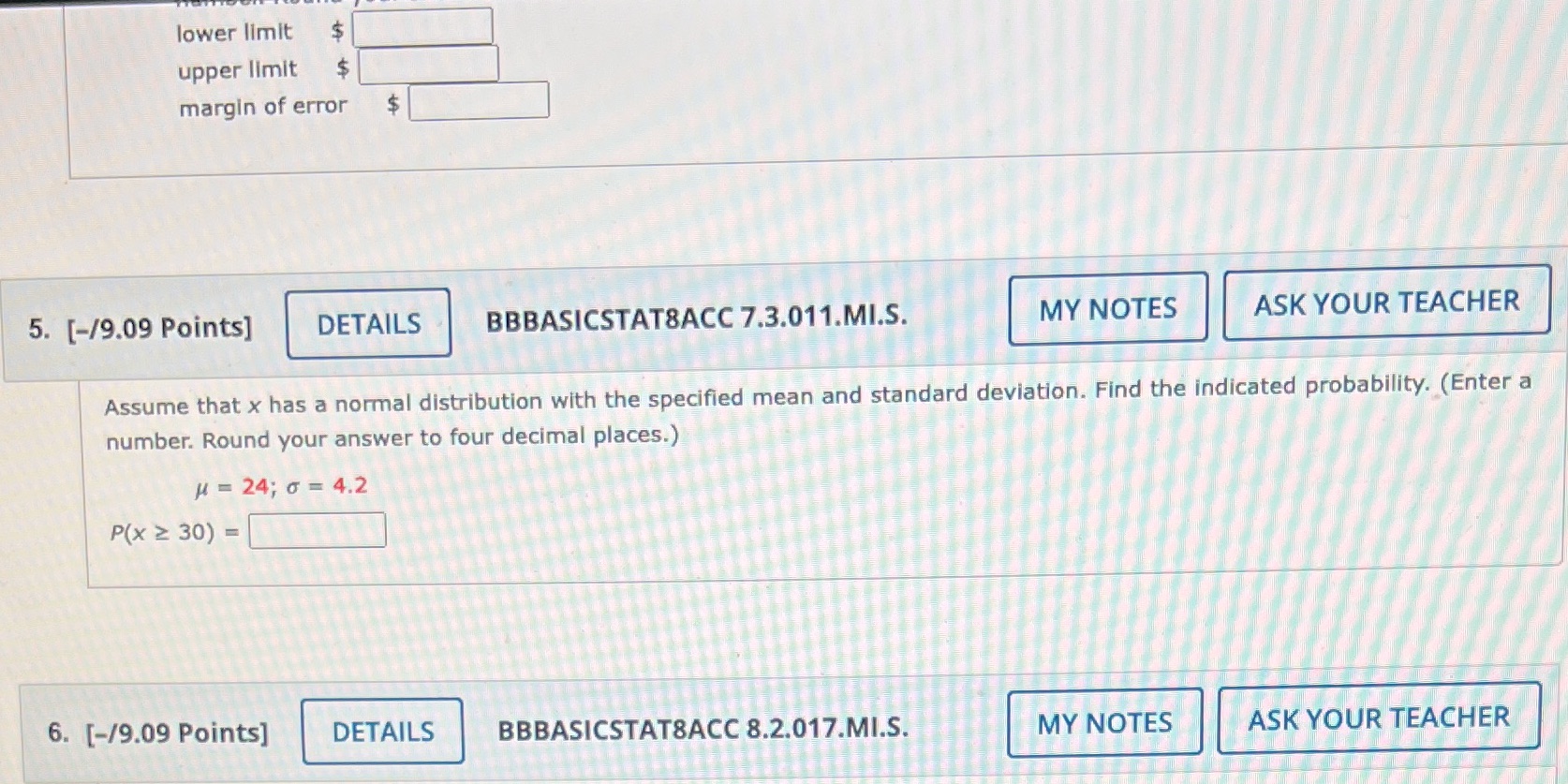  lower limit upper limit margin of error 5. [-/9.09 Points] DETAILS