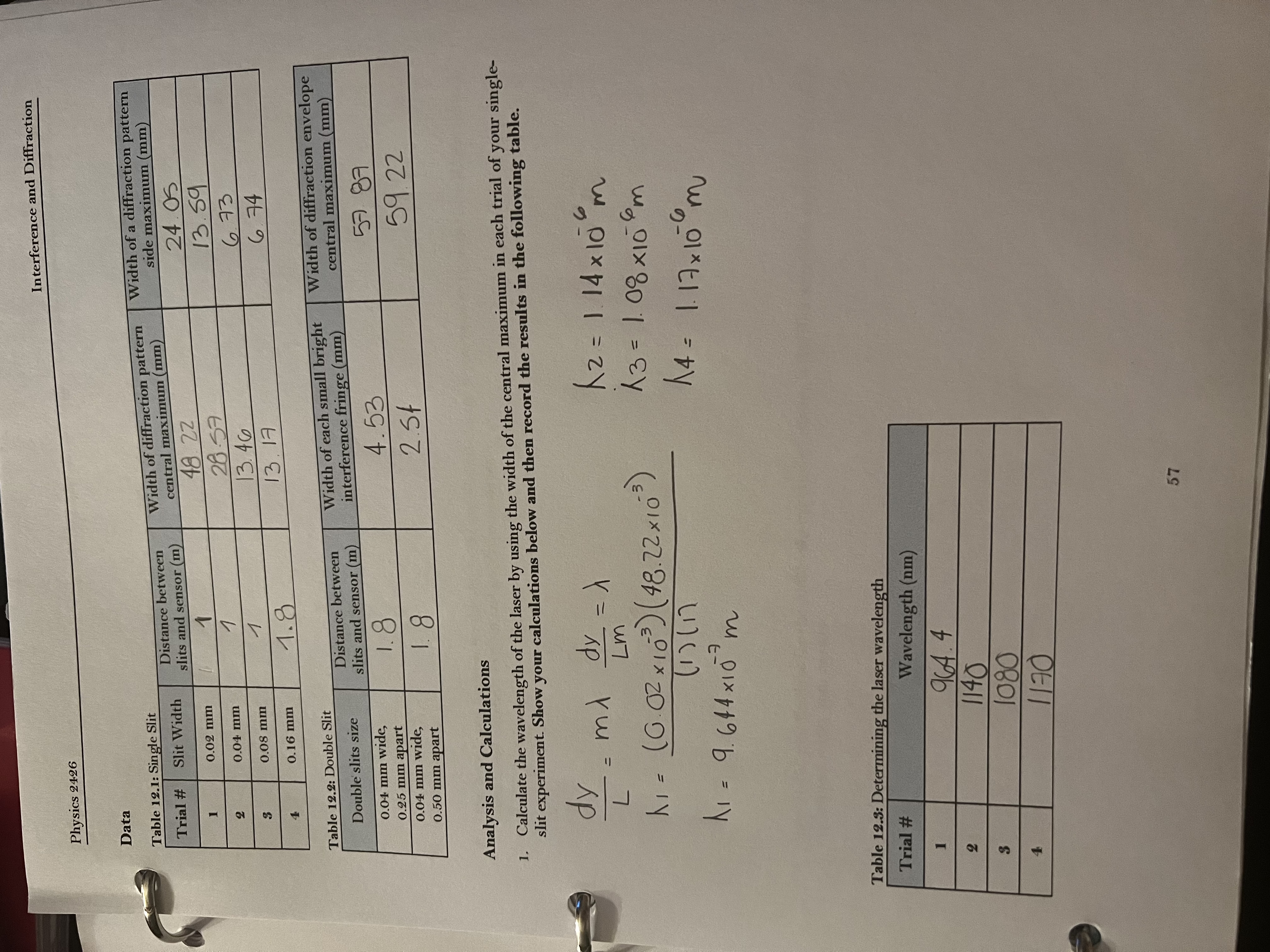  Lab 12 - Interference and diffraction lab \fPhysics 2426 Questions 1.