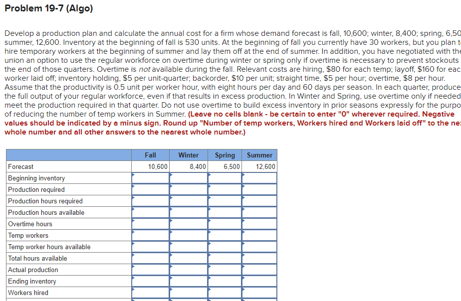  Problem 19-7 (Algo) Develop a production plan and calculate the annual