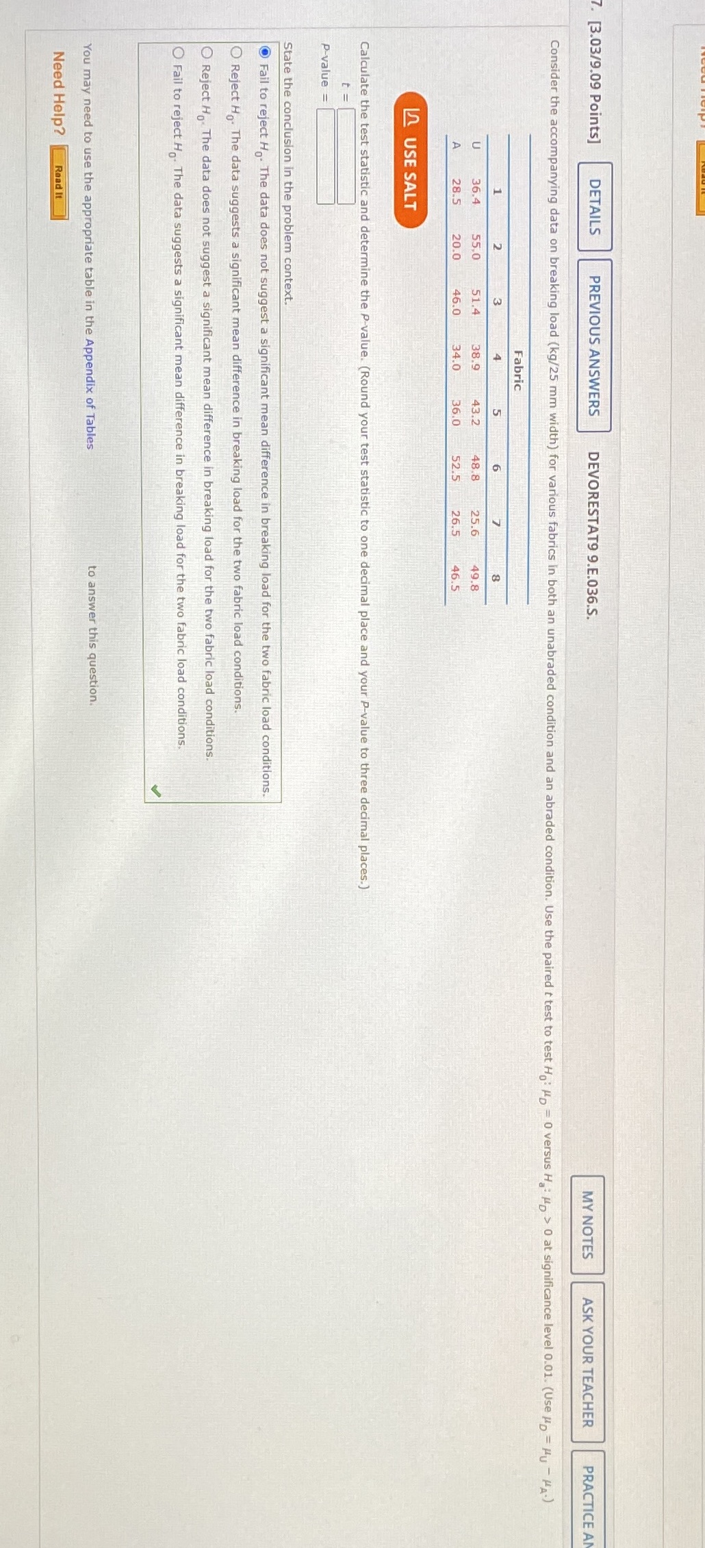 [3.03/9.09 Points] DETAILS PREVIOUS ANSWERS DEVORESTAT9 9.E.036.S. MY NOTES ASK YOUR