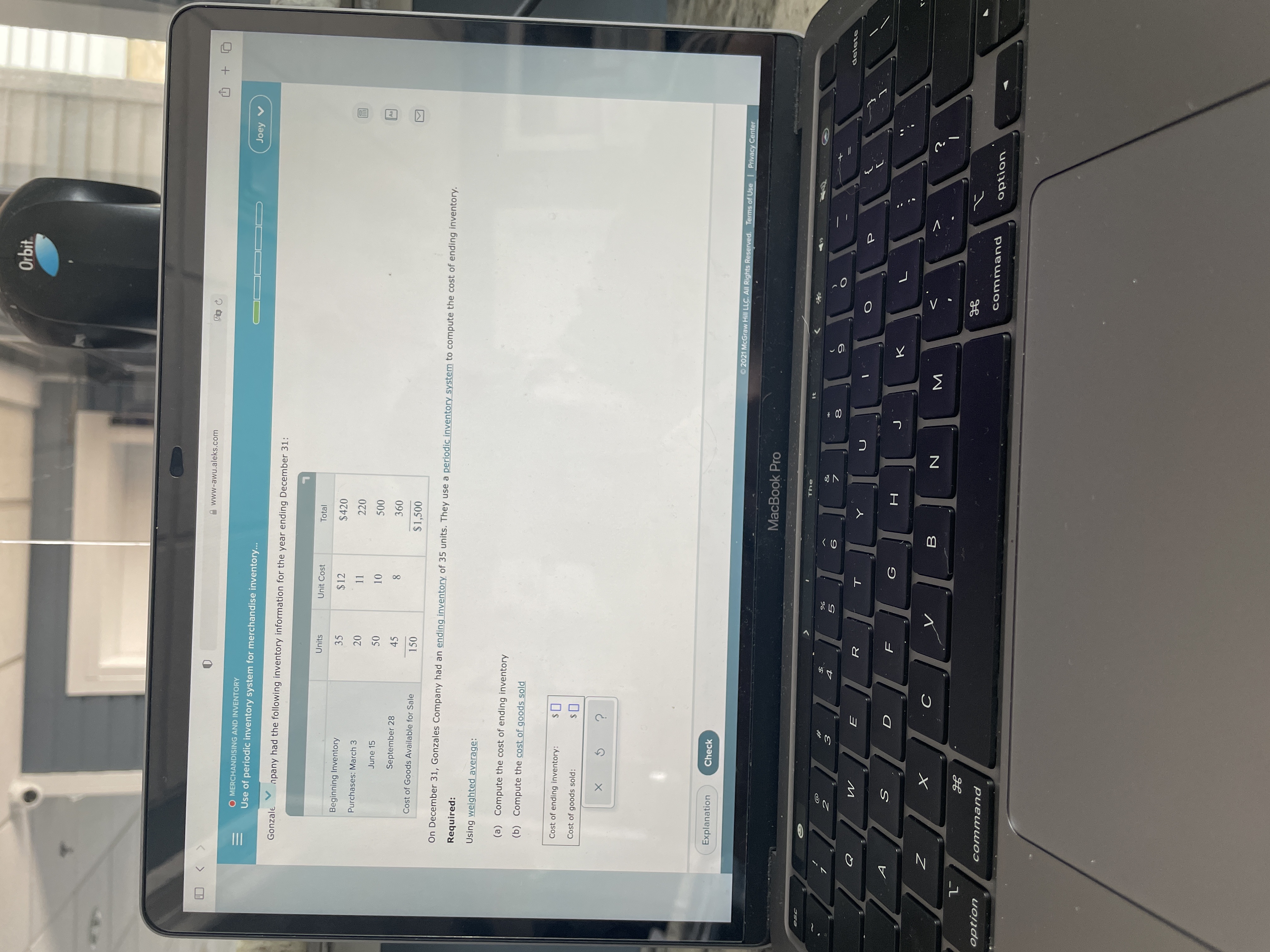 please help with solving! Orbit .D Awww-awu.aleks.com O MERCHANDISING AND INVENTORY Joey