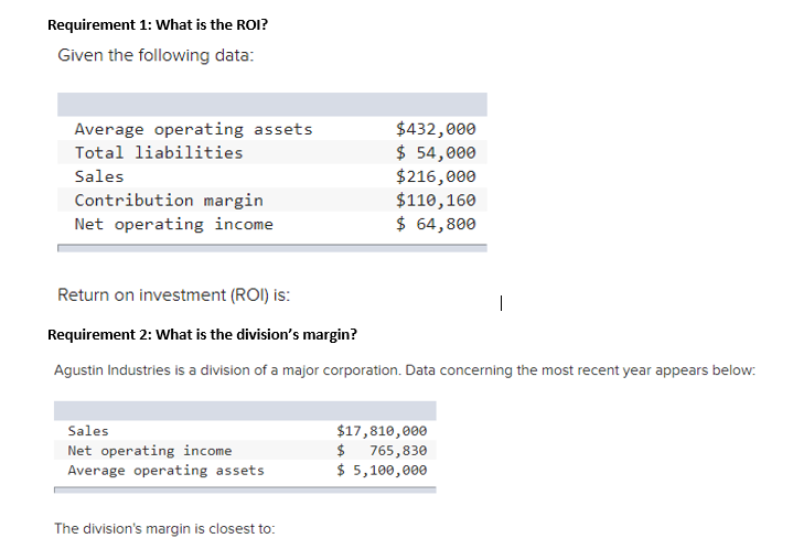 Requirement 1: What is the ROI? Given the following data: $432,eee Average