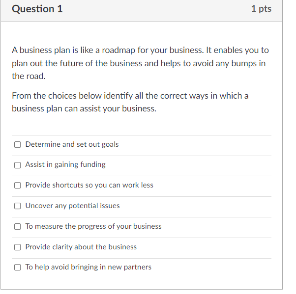 Question 1 1 pts A business plan is like a roadmap