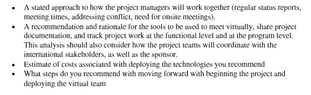 together (regular status reports, meeting times, addressing conflict, need for onsite meetings).
