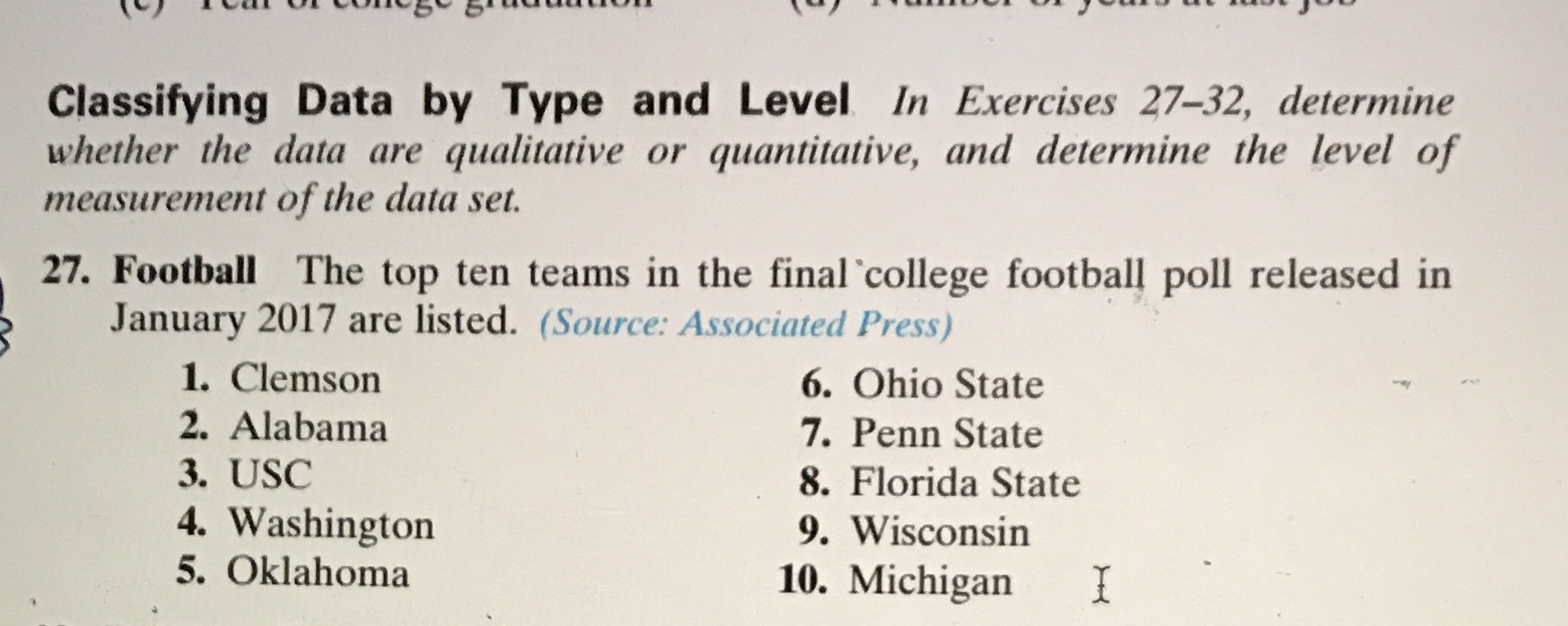 Classifying Data by Type and Level In Exercises 27-32, determine whether