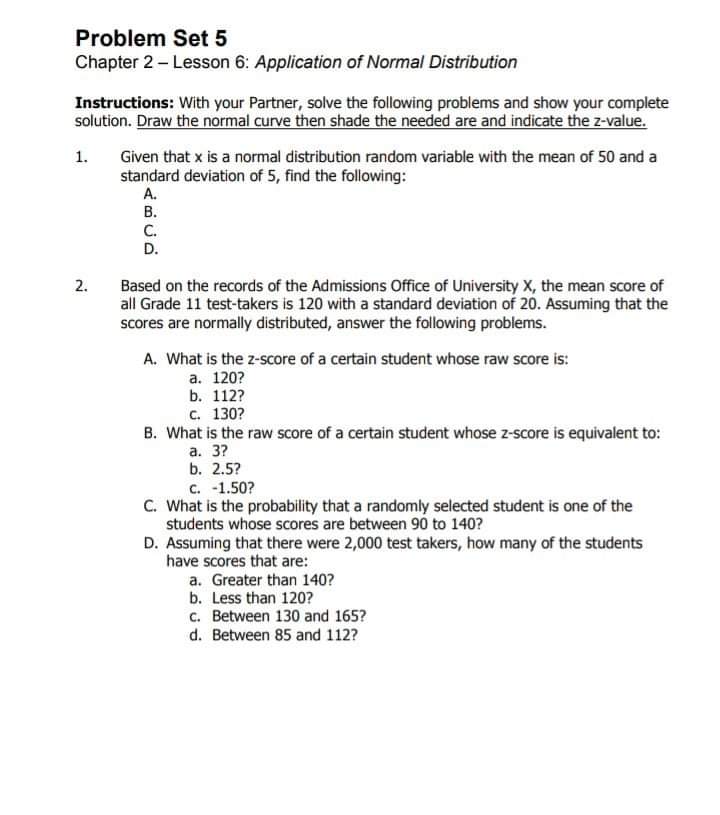 Statistics and Probability Problem Set 5 Chapter 2 - Lesson 6: Application