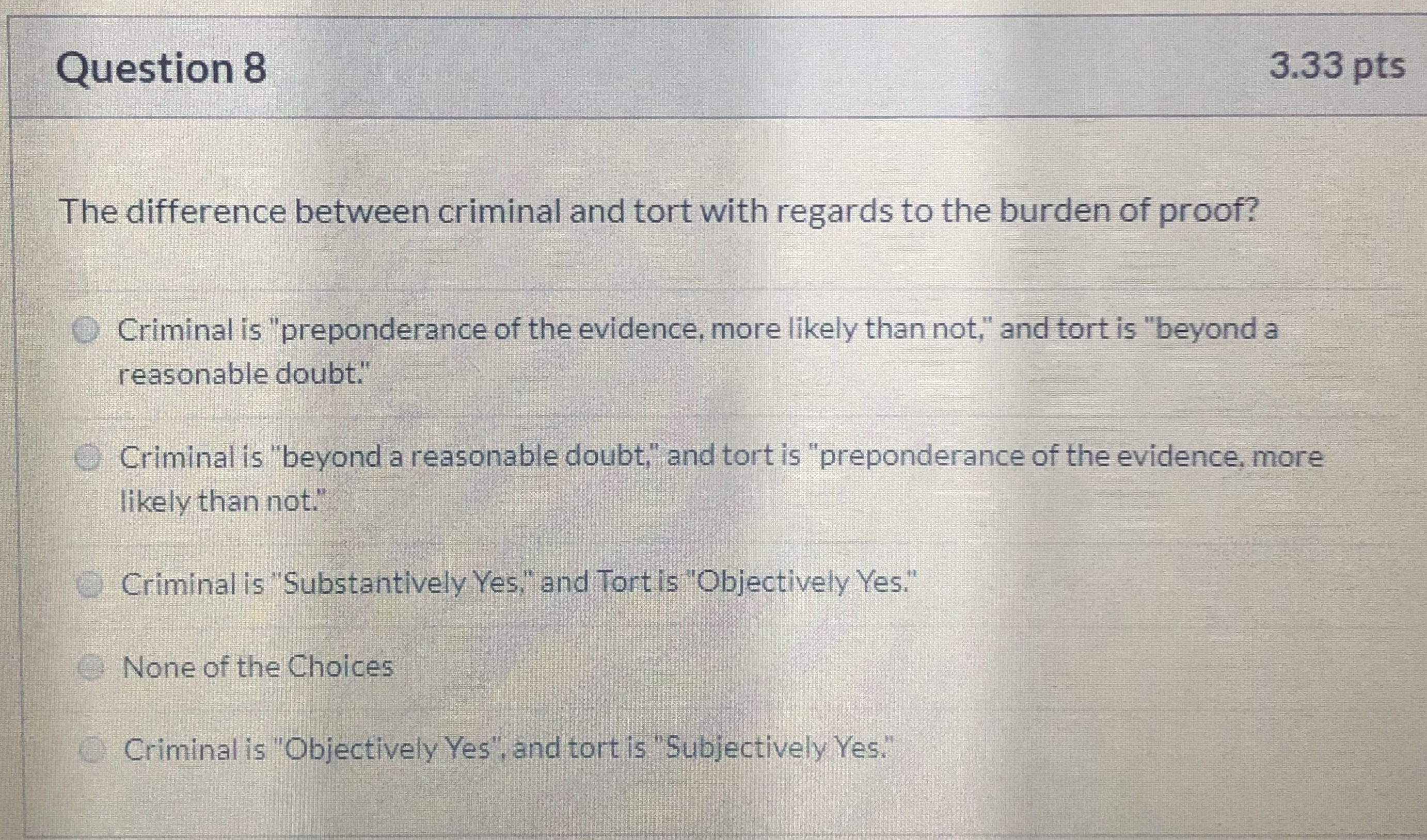 Tort is "Objectively Yes." None of the Choices Criminal is "Objectively Yes",