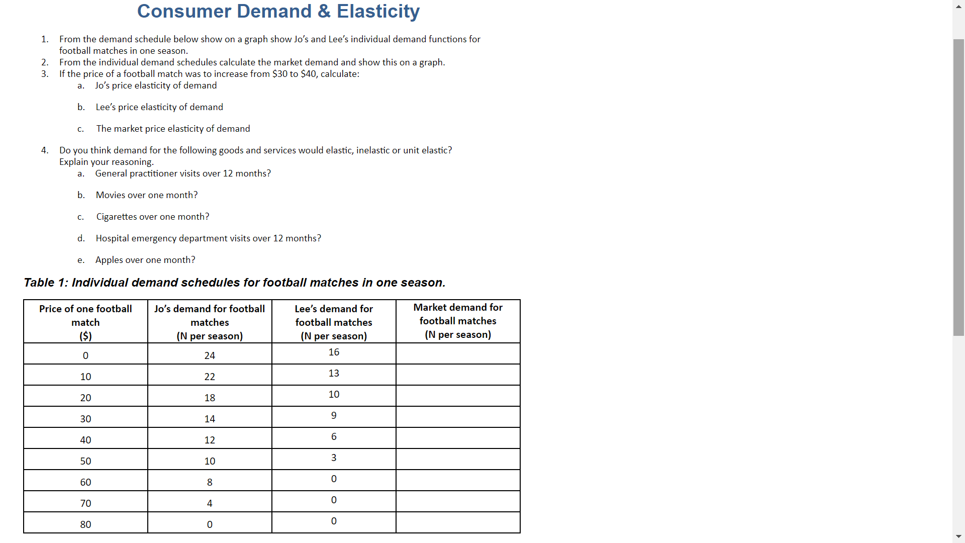  Consumer Demand & Elasticity 1. From the demand schedule below show