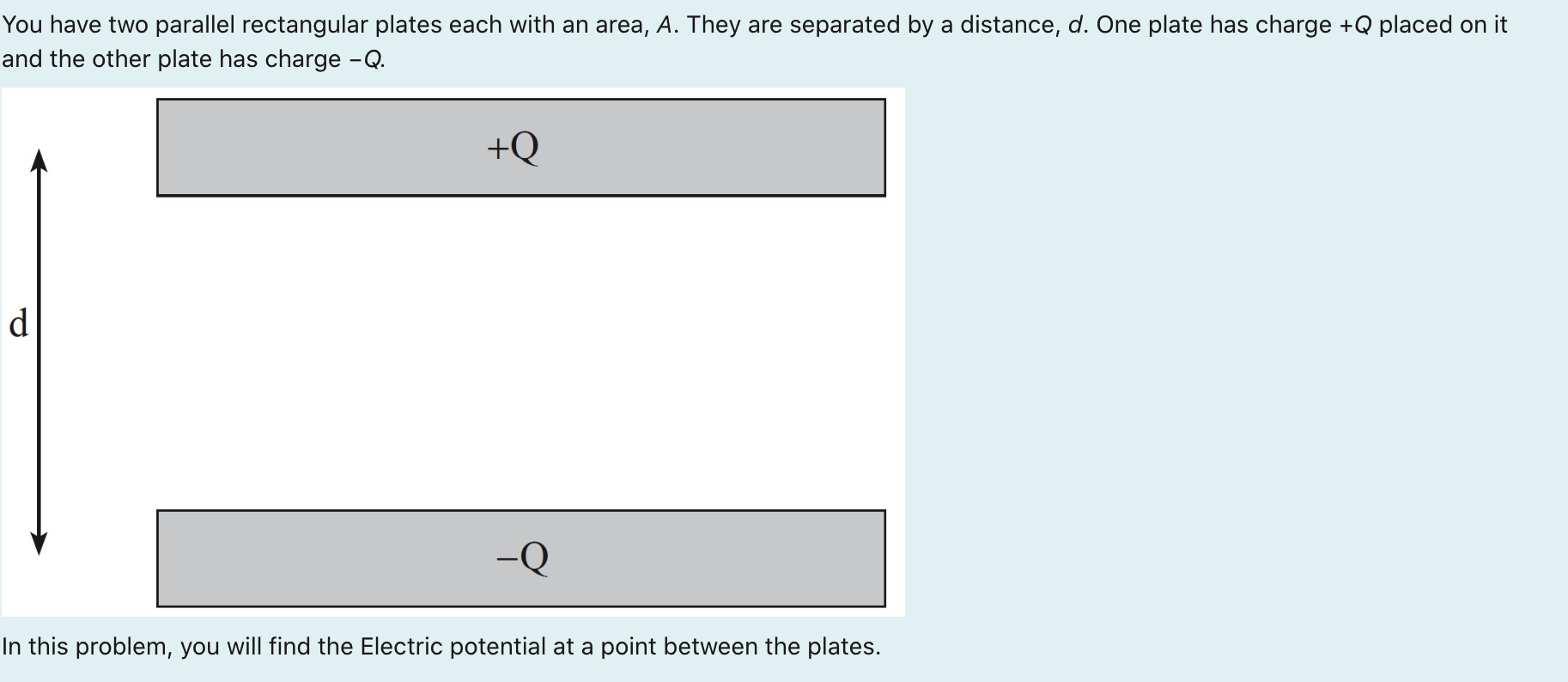  You have two parallel rectangular plates each with an area, A.