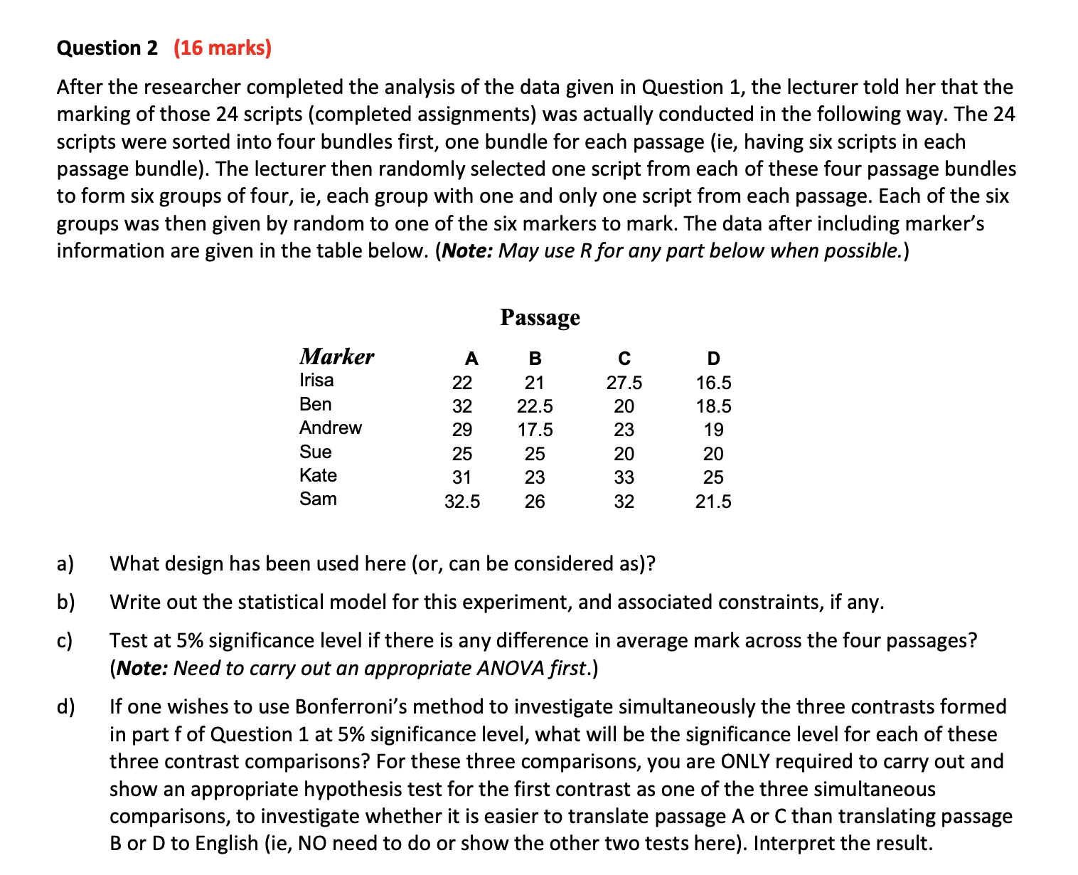 Question 2 (16 marks) After the researcher completed the analysis of