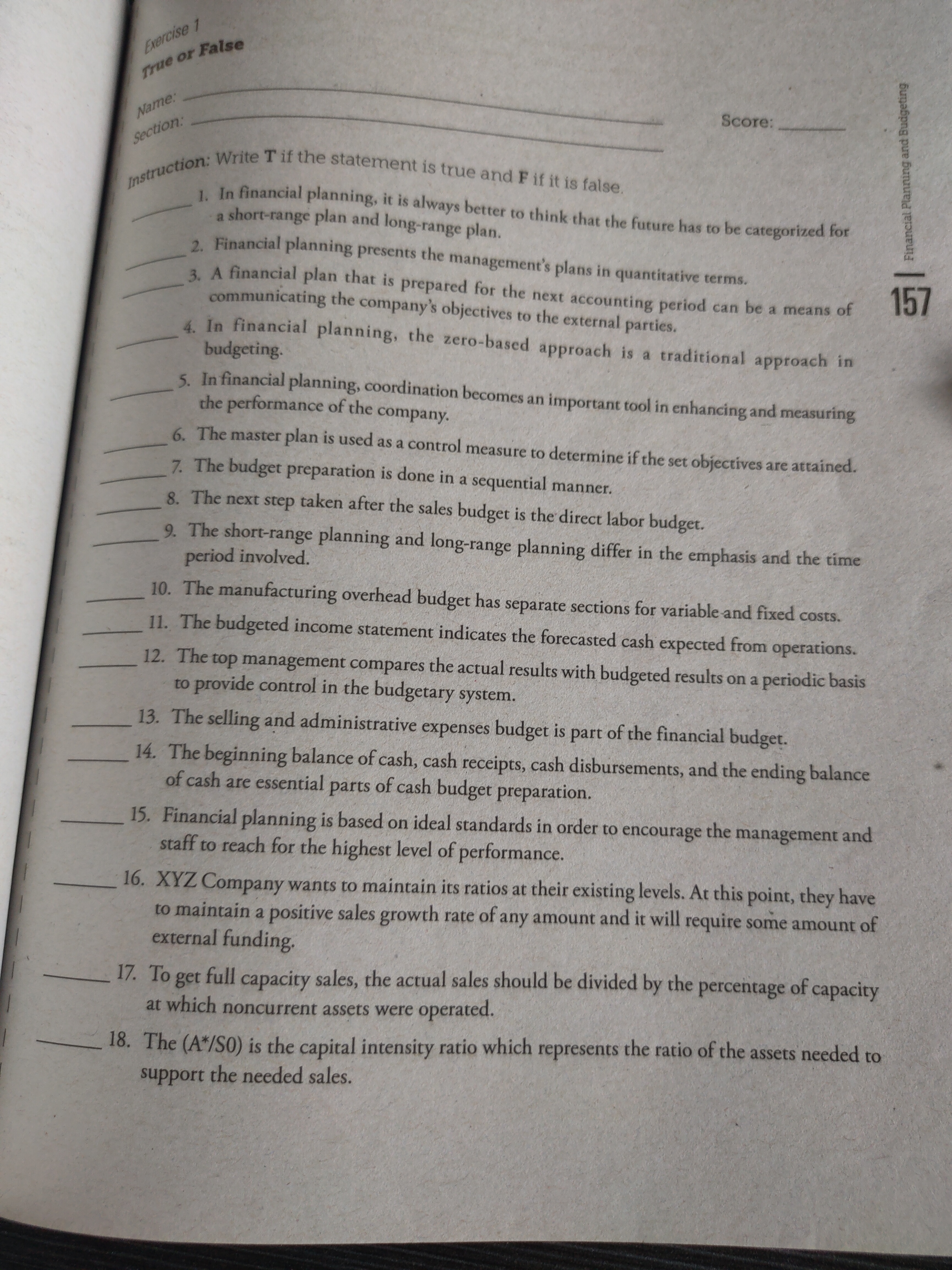  Exercise 1 True or False Name. Score: Section. Financial Planning and