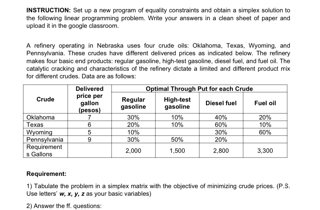 Requirement:1) Tabulate the problem in a simplex matrix with the objective of