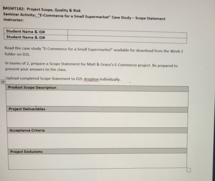 Project management MGMT182: Project Scope, Quality & Risk Seminar Activity: "E-Commerce for