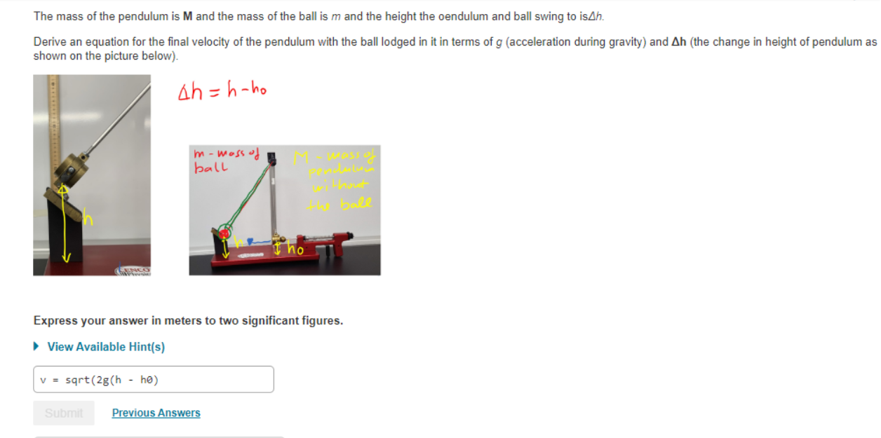 swing to isAh. Derive an equation for the final velocity of the