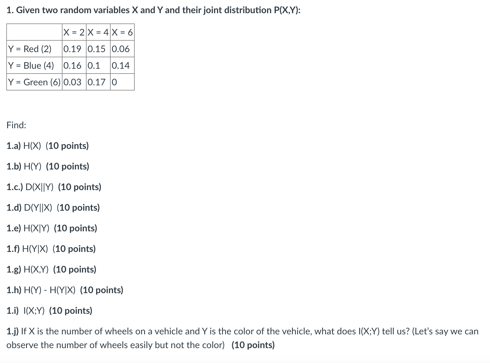 P(X,Y): Media \"in Mum Y = Green (6) m Find: 1.a) H(X)