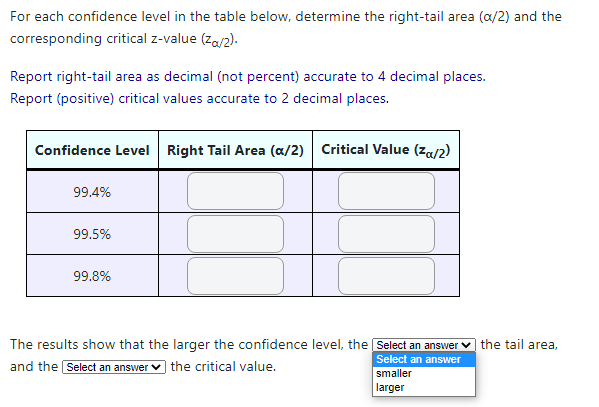 area [[119] and the corresponding critical zvalue {Ema}. Report right-tail area as