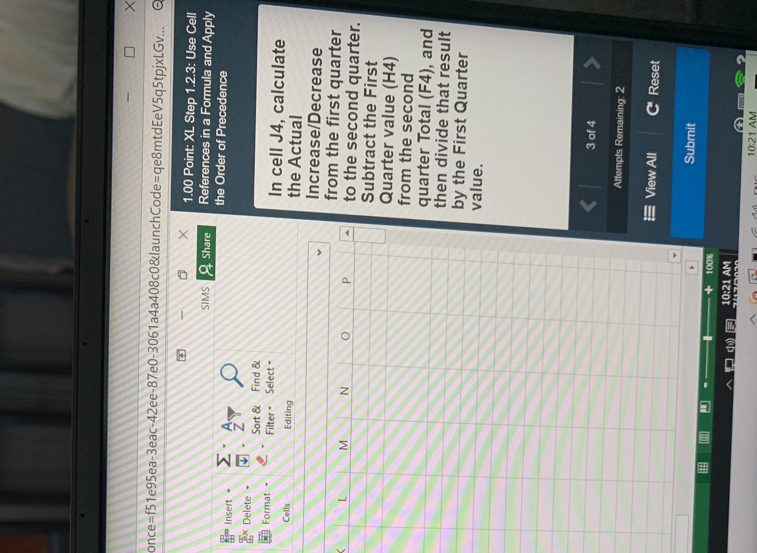 In cell j4 calculate the actual increase decrease from the first quarter