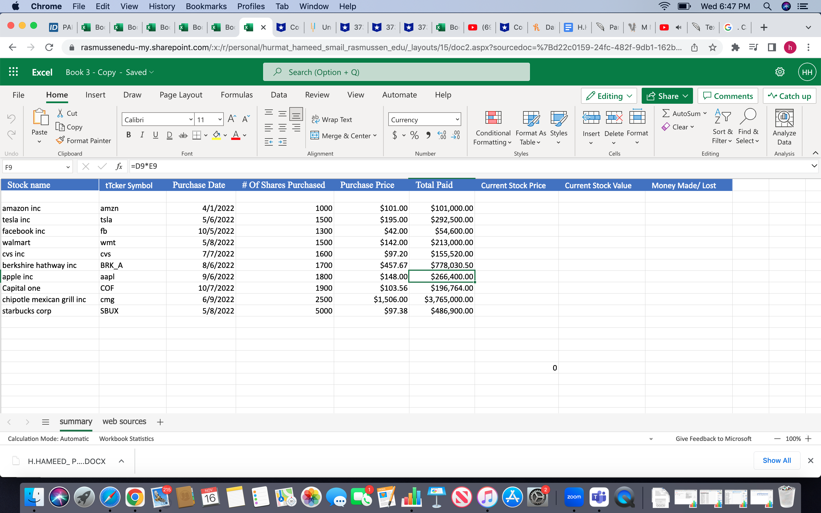 stock in your portfolio.Find the AVERAGE, MINIMUM, and MAXIMUM (using the appropriate