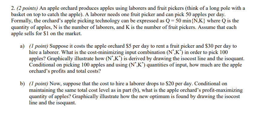 2. (2 points) An apple orchard produces apples using laborers and fruit