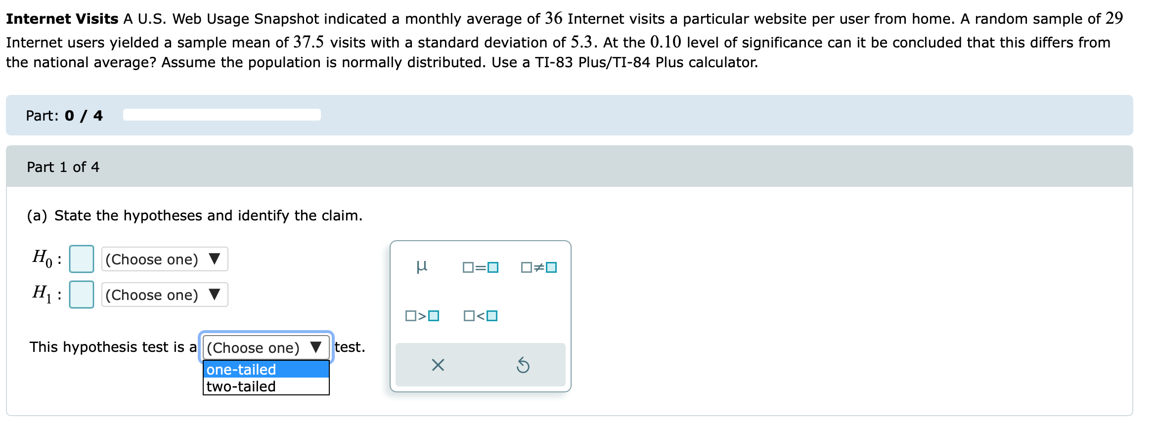 random sample of 29 Internet users yielded a sample mean of 37.5