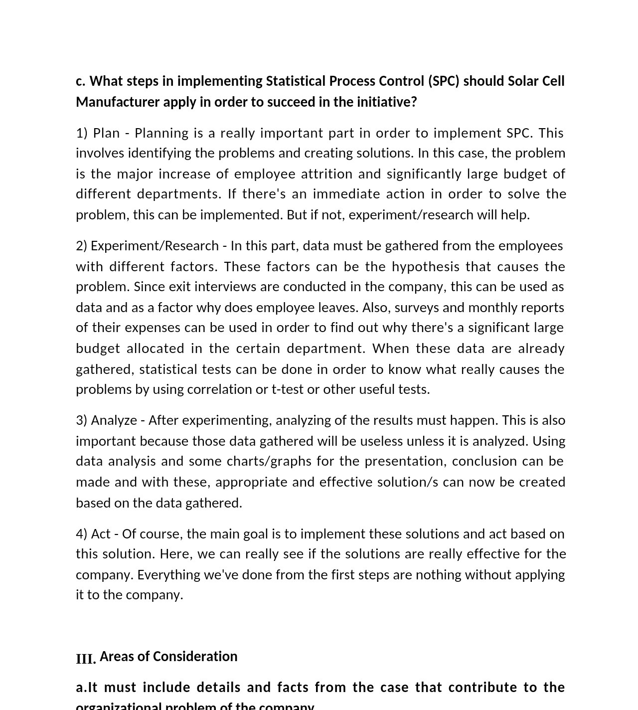  c. What steps in implementing Statistical Process Control (SPC) should Solar