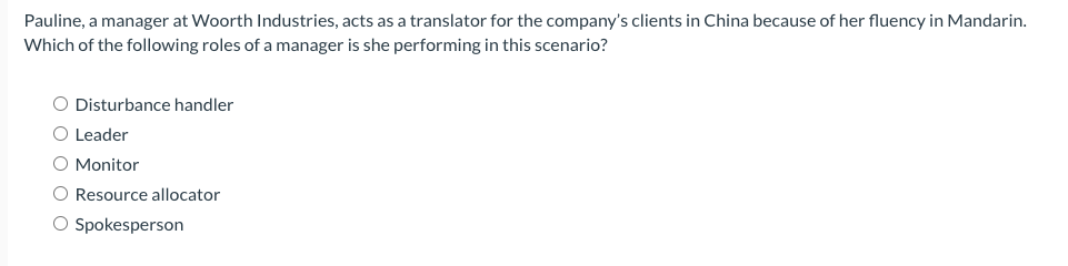 0 Measuring 0 Leading Organizing O Planning Pauline, a manager at Woorth