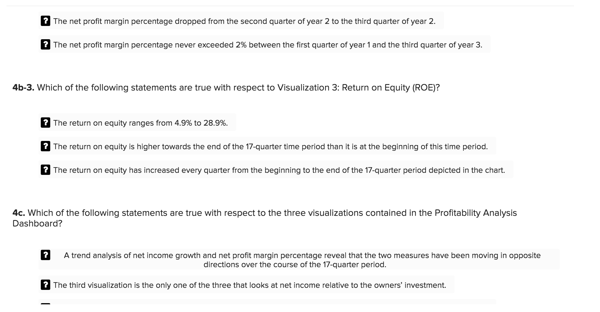 performance based on 17 quarters of financial data. The visualizations are grouped