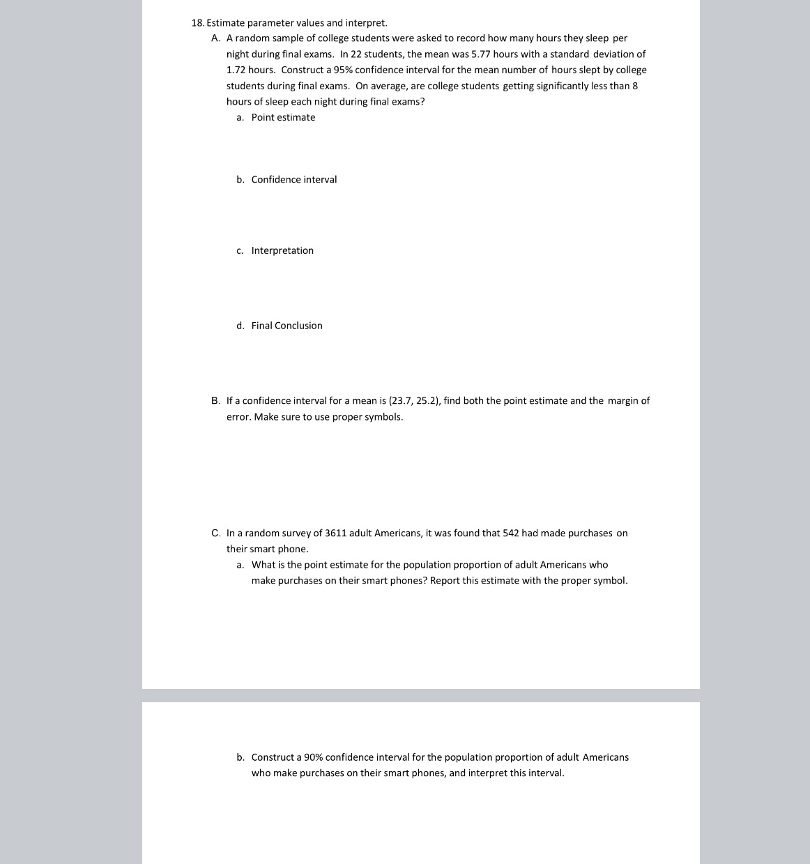  18. Estimate parameter values and interpret. A. A random sample of